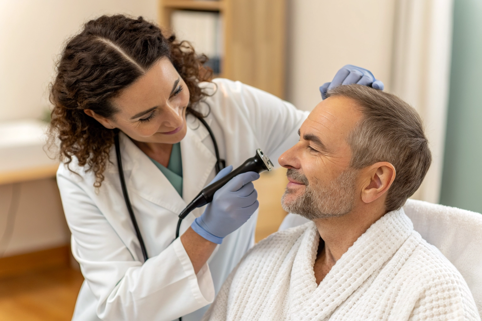 Specialist examining scalp at Vara Clinic, Bangalore